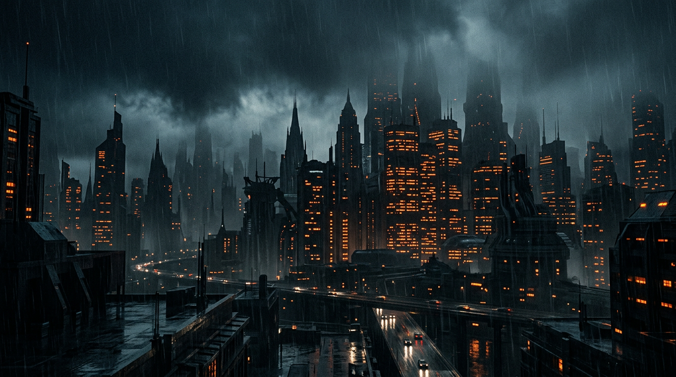 Night skyline of the fictional city Halcyon in rain